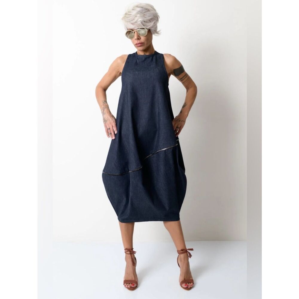 LOCKER ROOM BALLOON DENIM DRESS DARK BLUE WITH ZIPPER DETAILS Sz MEDIUM